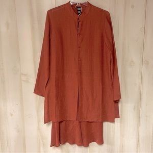 Eileen Fisher Orange Linen Cotton Frog Closure Tunic Top Maxi Skirt Set Sz M